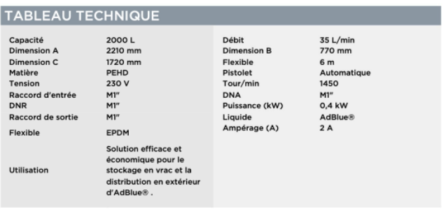 AD BLUE CUVE 2 000 L - TABLEAU TECHNIQUE